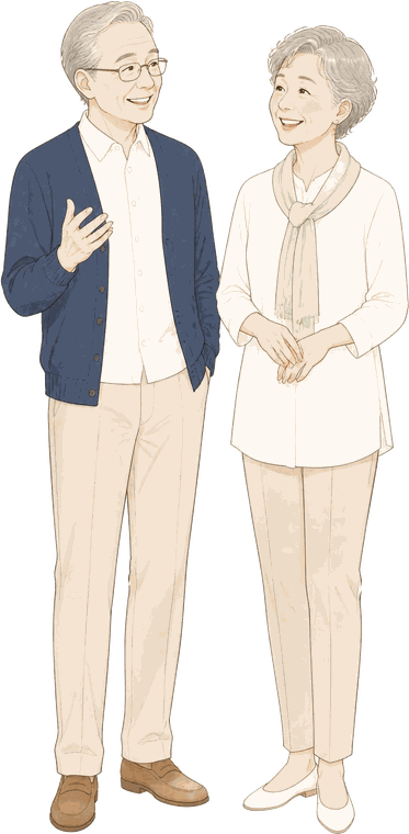 ご自宅でならんで過ごすご夫婦のイラスト