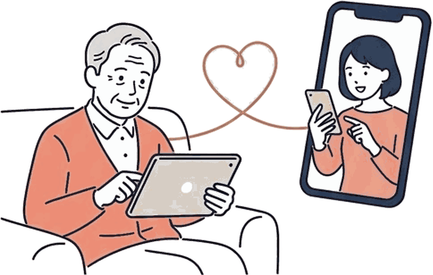 タブレットを使うお父さまと、スマートフォンの画面ごしに話す娘さんのイラスト